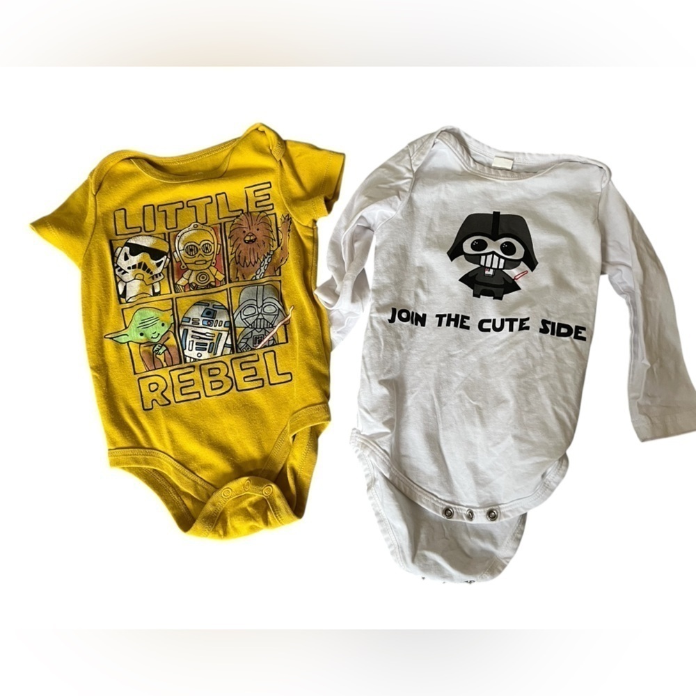 2 Star Wars Kids Onesies 6 mo Yellow “Little Rebel” & White “Join the cute side”